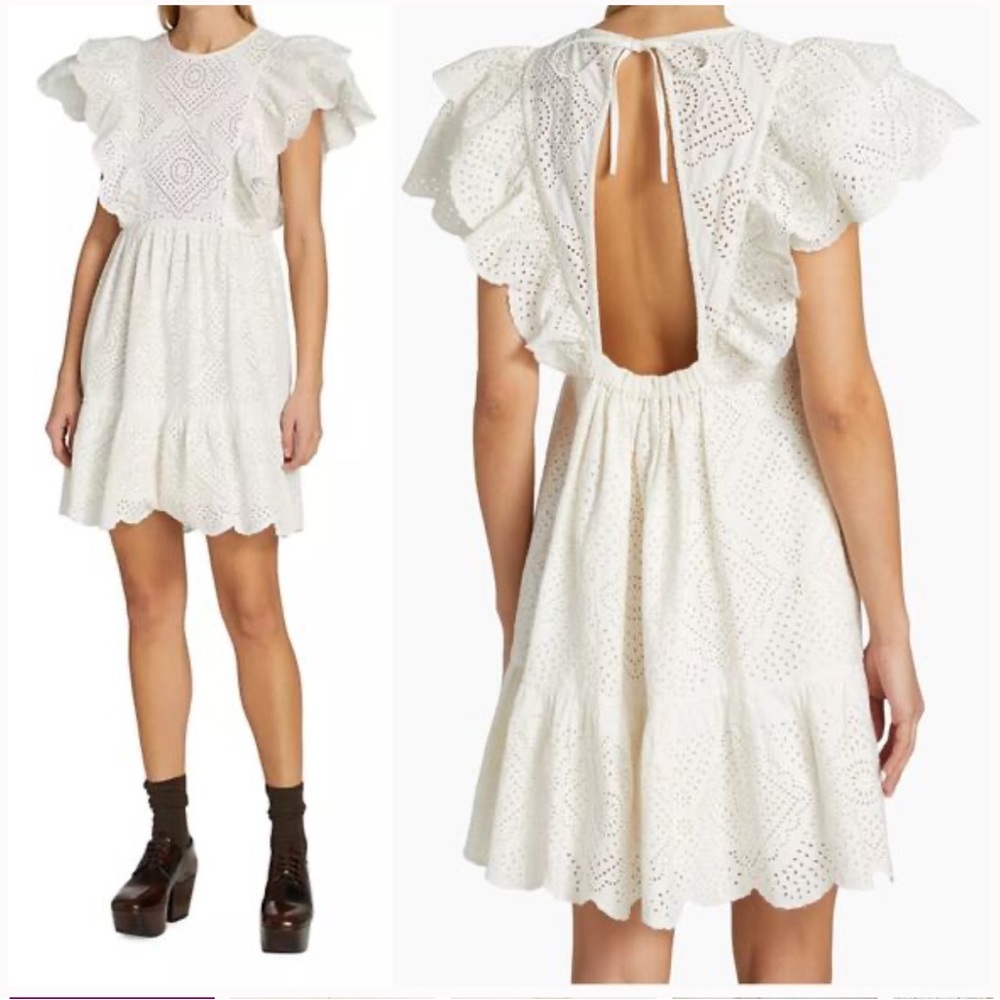 Sea New York Vienne Floral Eyelet Ruffle Cutout Back Tunic Mini Dress XS